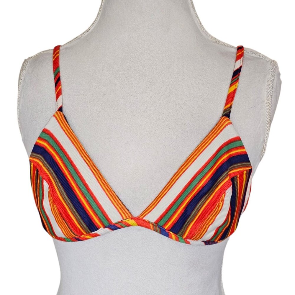 70s Bikini Top Orange Striped Polyester Size S/M Multi-color Vintage 1970s Retro